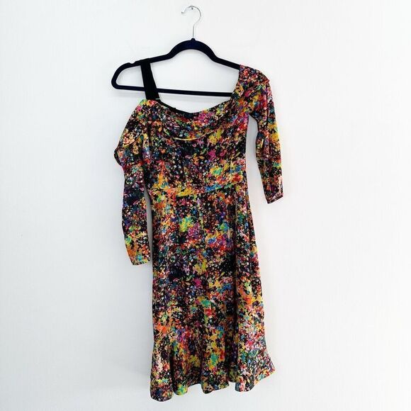 SALONI Women’s Tricia One Shoulder Multicolor Floral Crepe Mini Dress - Picture 3 of 11